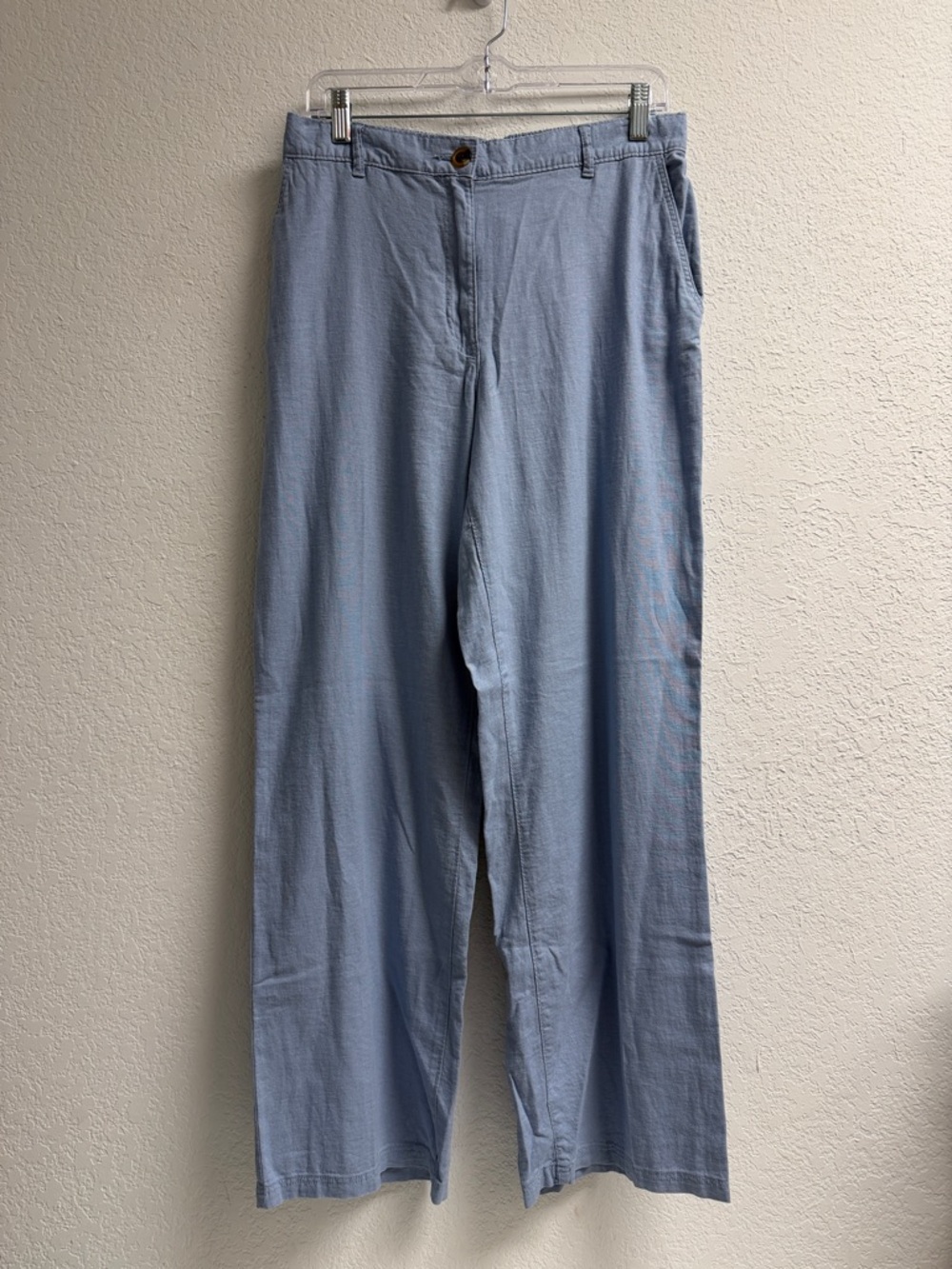 NWT Womans Linen Blend Light Blue Chambray High Waist Straight-Leg Pants 10